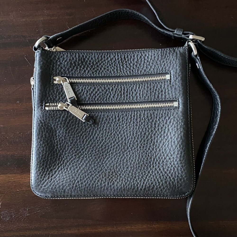 Cole Haan Black Pebbled Leather Crossbody Bag Burnished Nickel Accents EUC $198